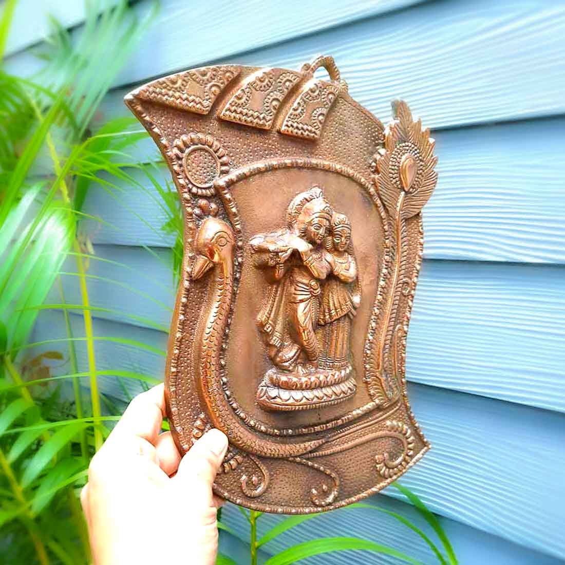 Radha Krishna Idol Wall Hanging Art | Radhe Krishna Playing Flute With Peacock Design Wall Statue Murti | Wedding Gift for Couples | Religious Gift - for Home, Living Room, Office, Puja , Entrance Decoration - 13 Inch