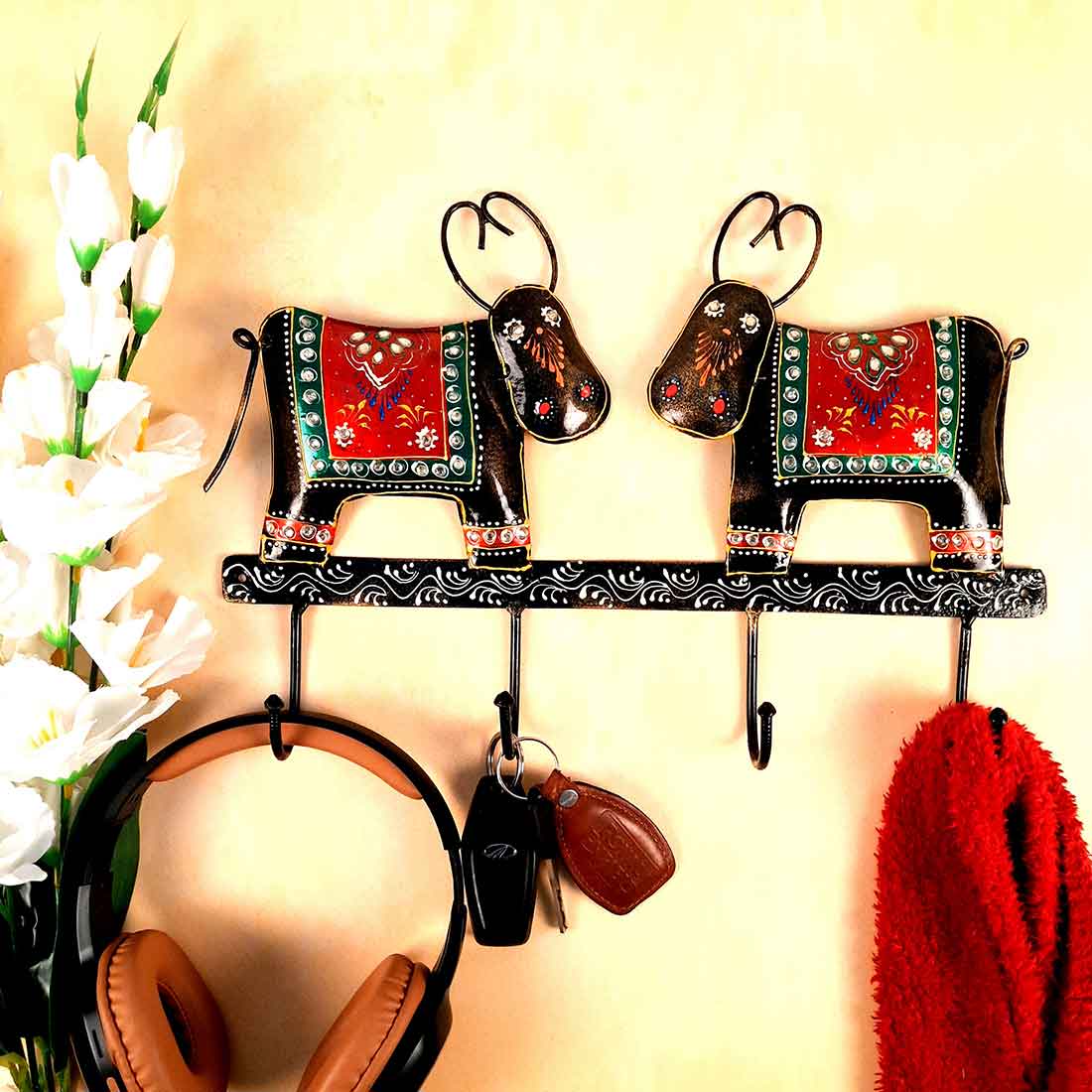 Key Hook Wall Decor | Handpainted Key Holder Stand With 4 Hooks | Key Organiser - For Home, Entrance, Office Decor & Gifts - 12 Inch - Apkamart #Style_Design 2