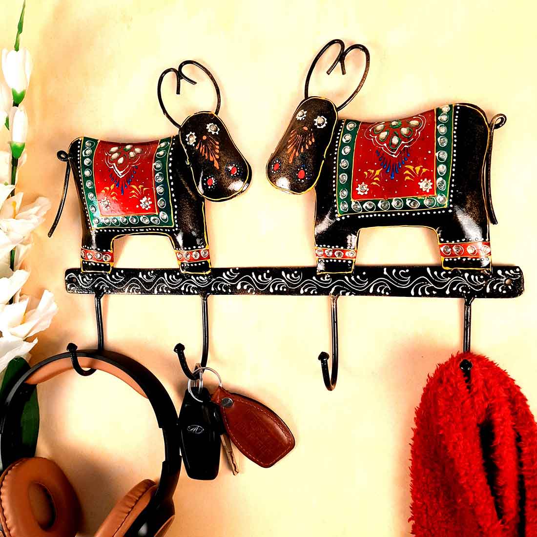 Key Hook Wall Decor | Handpainted Key Holder Stand With 4 Hooks | Key Organiser - For Home, Entrance, Office Decor & Gifts - 12 Inch - Apkamart #Style_Design 2