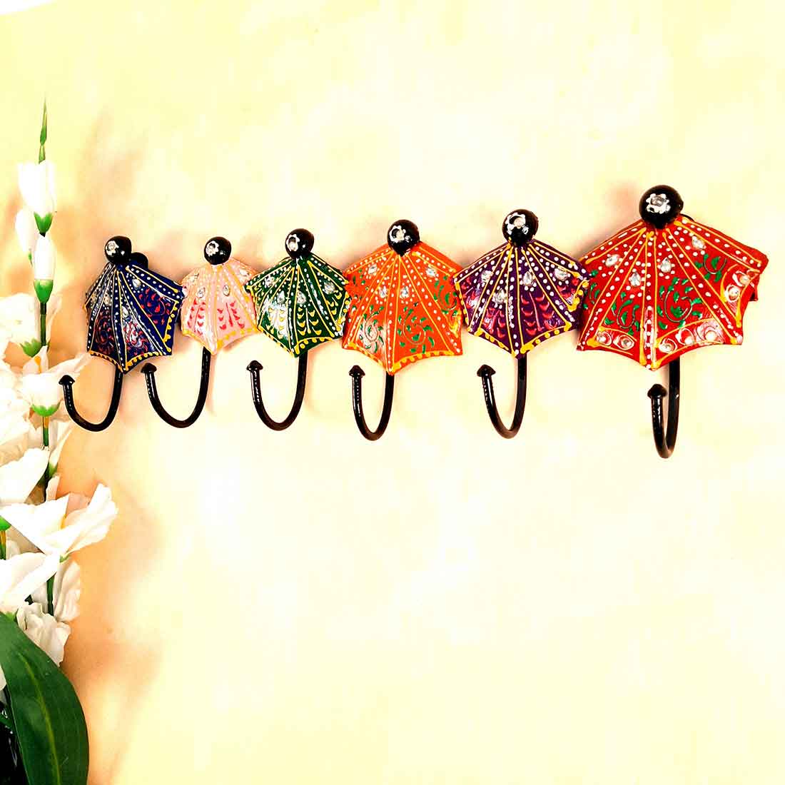 Key Holder Wall Hanging | Metal Wall Hook - Umbrella Design | Keys Organizer Stand - For Home, Entrance, Office Decor & Gifts - 18 Inch (6 Hooks)