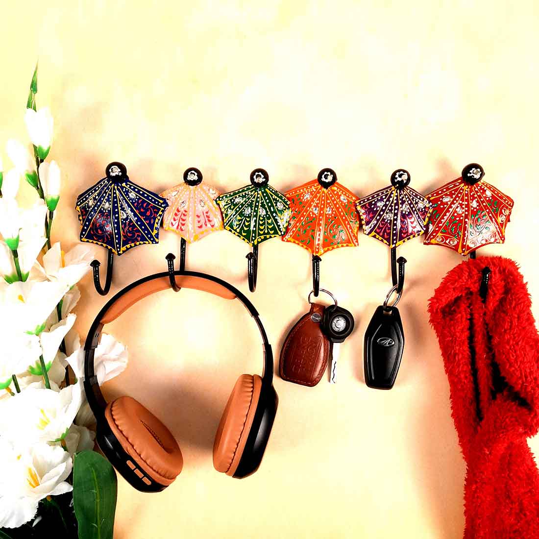 Key Holder Wall Hanging | Metal Wall Hook - Umbrella Design | Keys Organizer Stand - For Home, Entrance, Office Decor & Gifts - 18 Inch (6 Hooks)