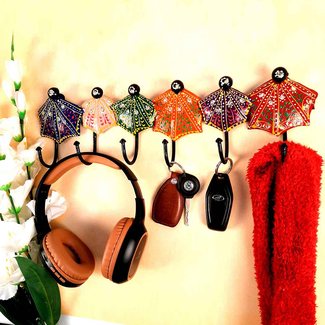 Key Holder Wall Hanging | Metal Wall Hook - Umbrella Design | Keys Organizer Stand - For Home, Entrance, Office Decor & Gifts - 18 Inch (6 Hooks)