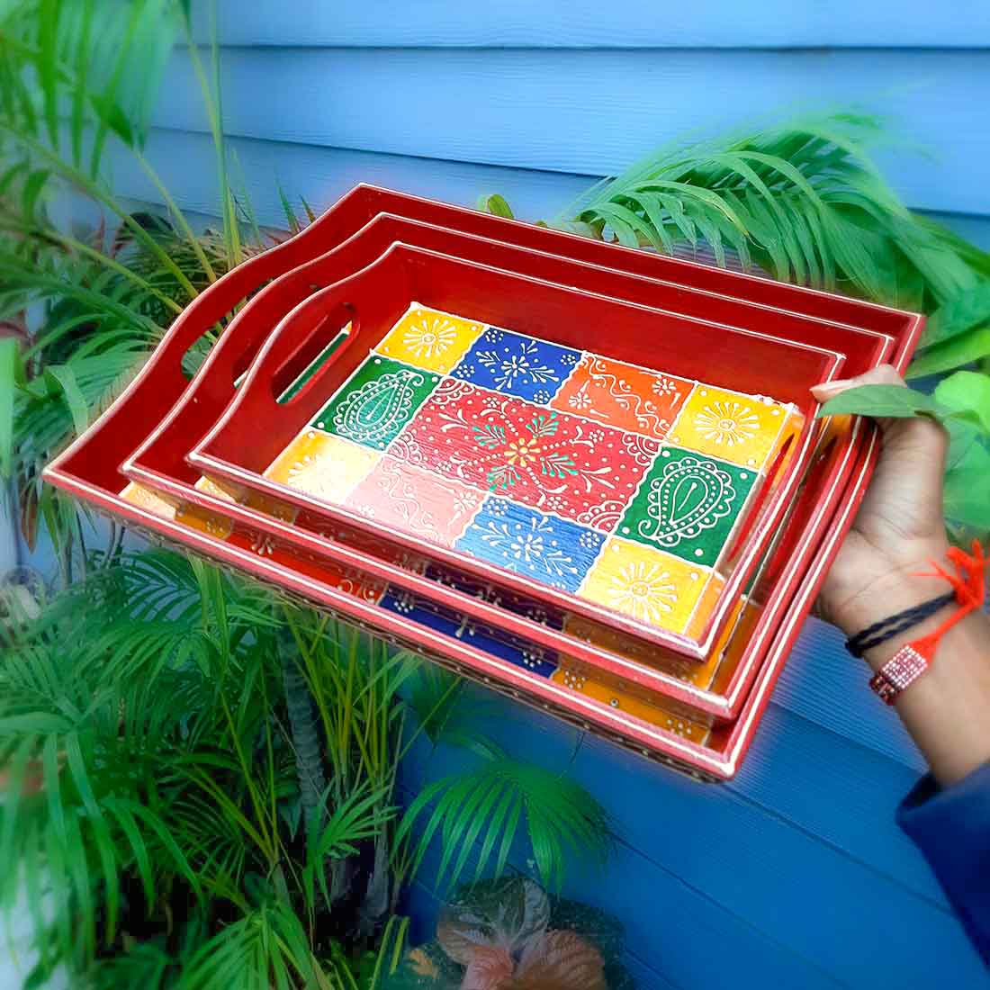 Tray Wooden | Tea & Snacks Serving Platter | Decorative Handcrafted Trays - for Home, Dining Table, Kitchen Decor | Wedding & Housewarming Gift - Set of 3 - 14 Inch