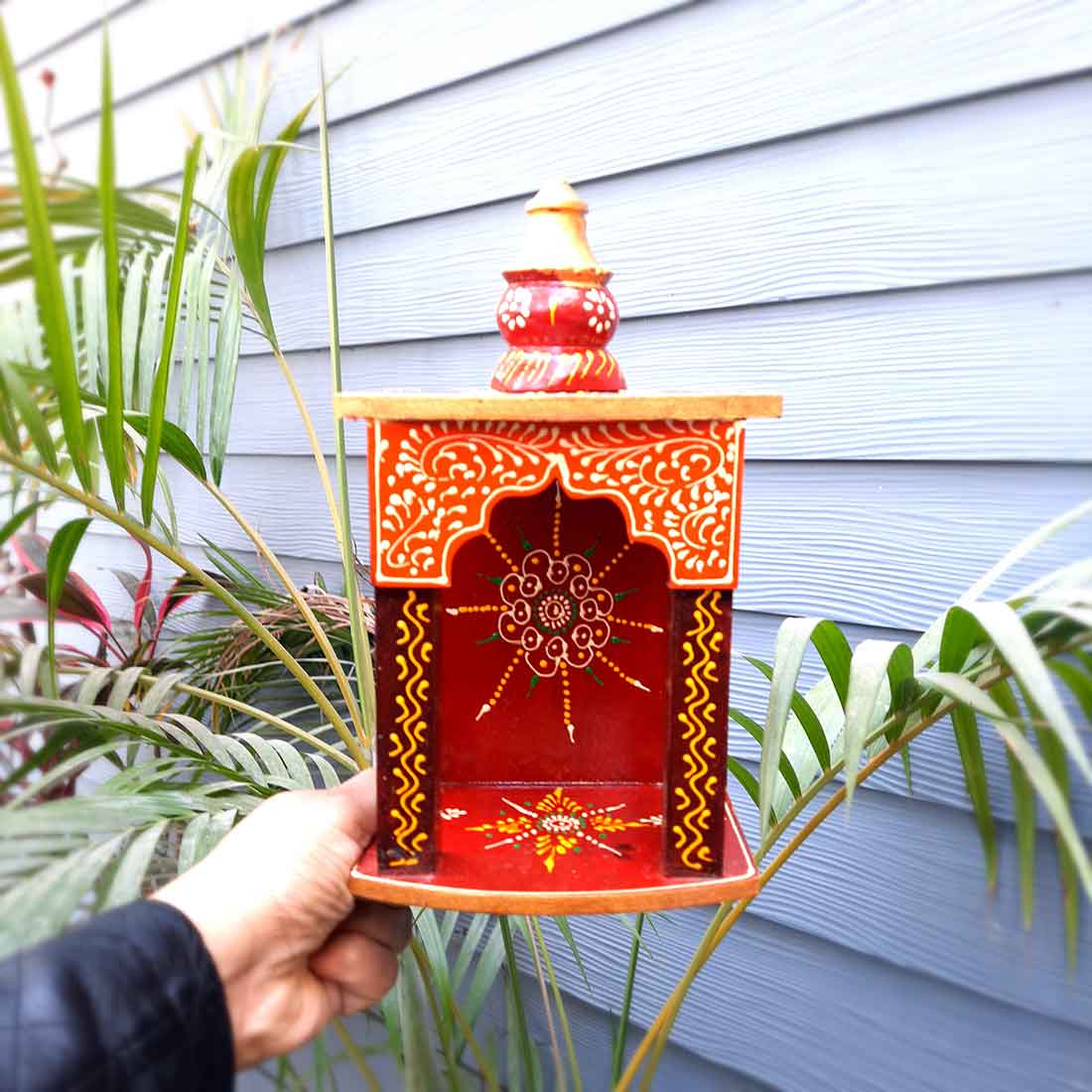 Pooja Mandir for Your Puja Ghar | Wooden Wall Hanging Puja Stand | God Temple For Home Office & Shop With Detachable Gumbad - 10 Inch