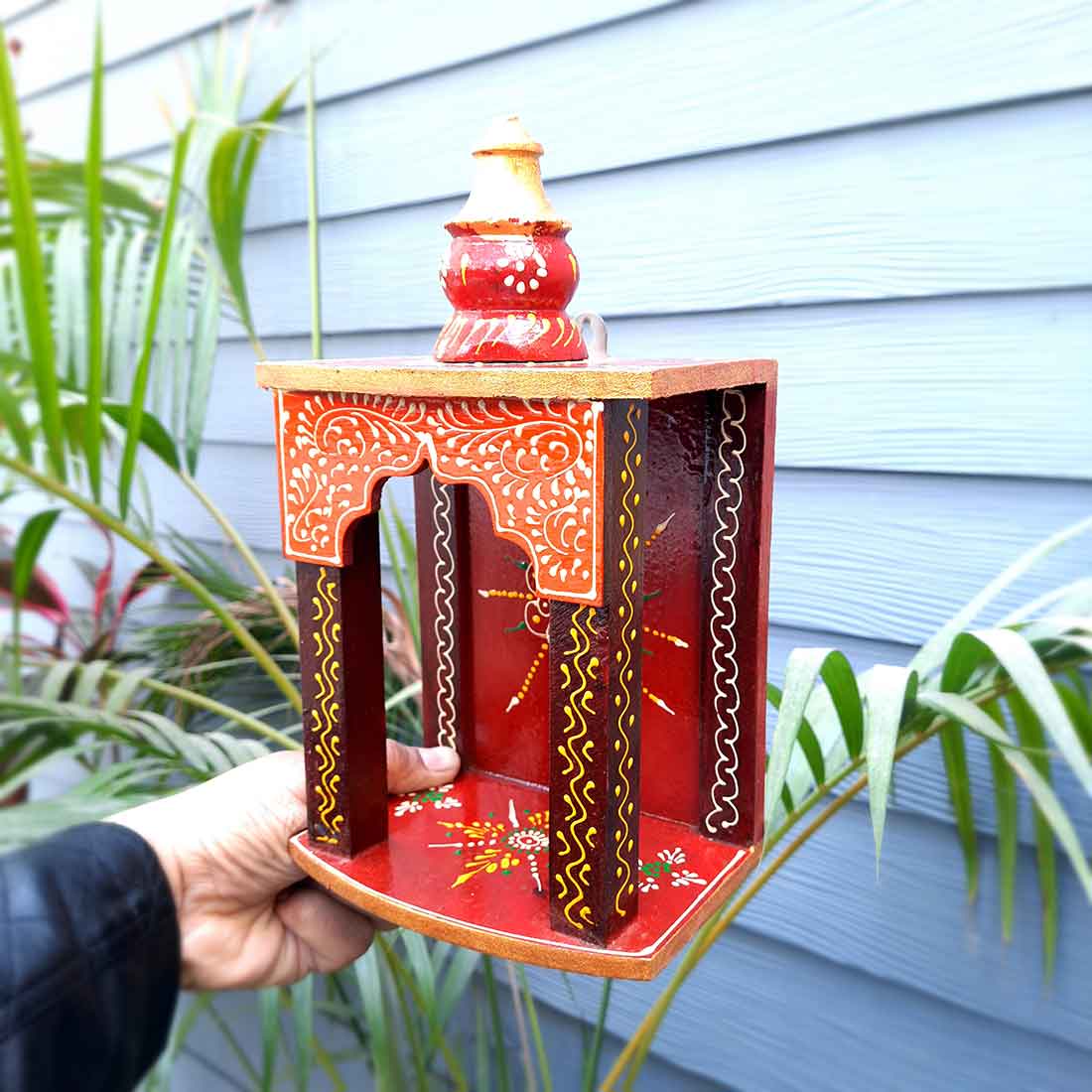 Pooja Mandir for Your Puja Ghar | Wooden Wall Hanging Puja Stand | God Temple For Home Office & Shop With Detachable Gumbad - 10 Inch