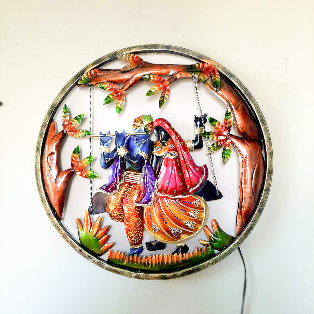 Radha Krishna Backlit Wall Hanging | Wall Mount Showpiece With LED Lights Metal - For Living Room, Bedroom, Hall, Entrance Decor | Housewarming & Wedding Gift - 22 Inch
