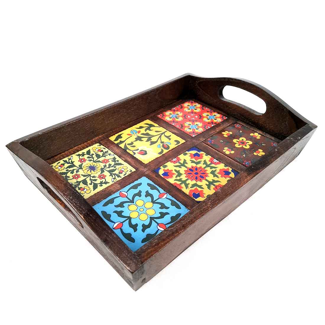 Wooden Serving Tray | Tray with In-Built Ceramic Coasters - 12 Inch - Apkamart