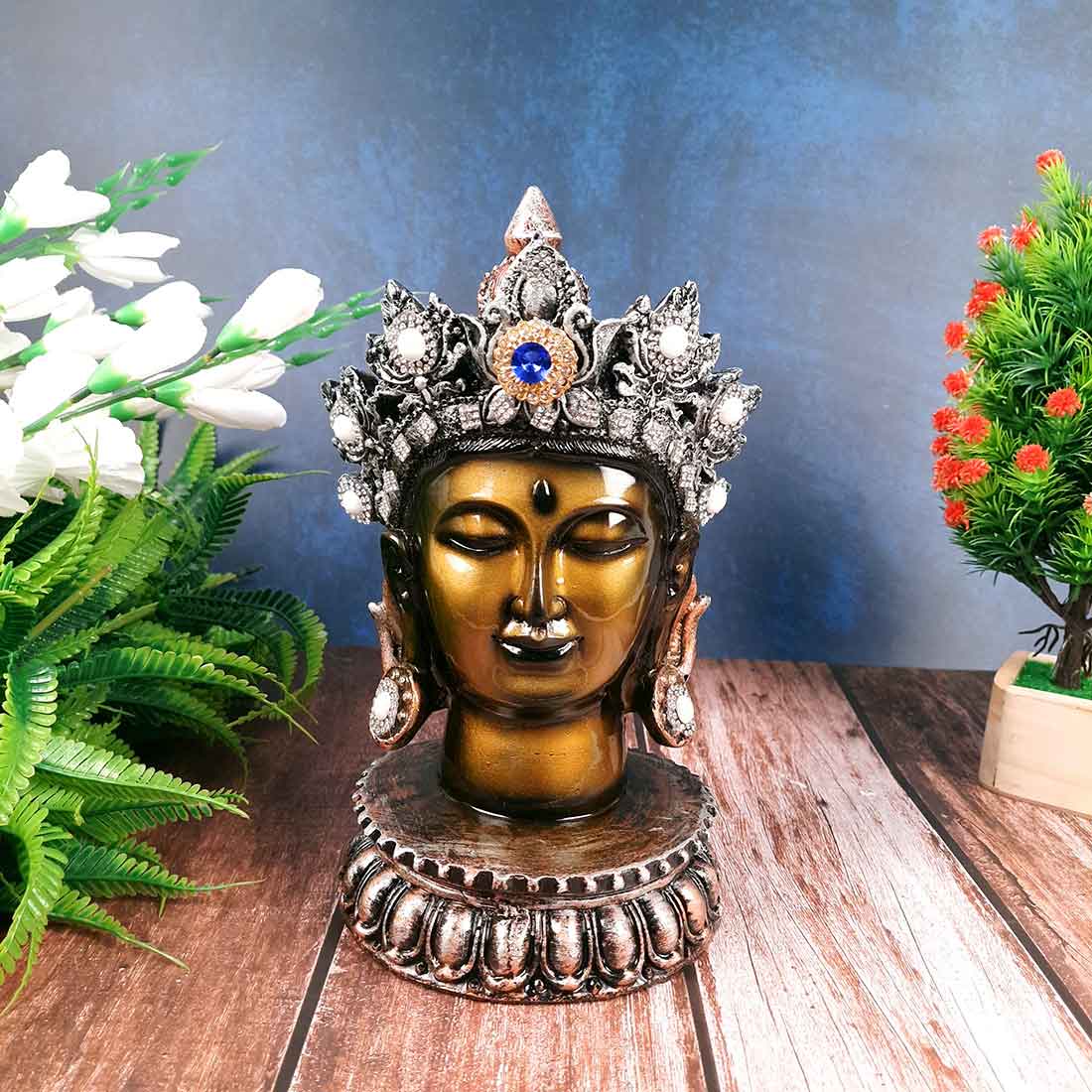 Buddha Head Statue | Buddha Face Showpiece - for Home & Spiritual Decor - 10 Inch #color_Green