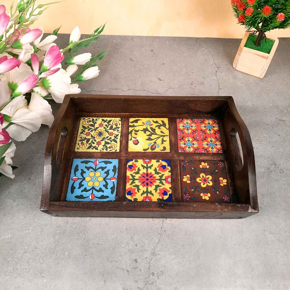 Wooden Serving Tray | Tray with In-Built Ceramic Coasters - 12 Inch - Apkamart