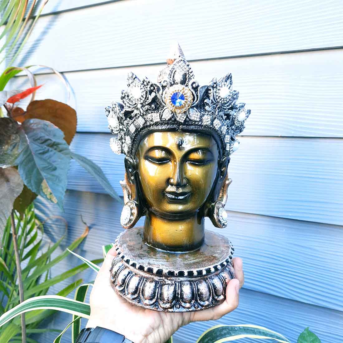 Buddha Head Statue | Buddha Face Showpiece - for Home & Spiritual Decor - 10 Inch #color_Green