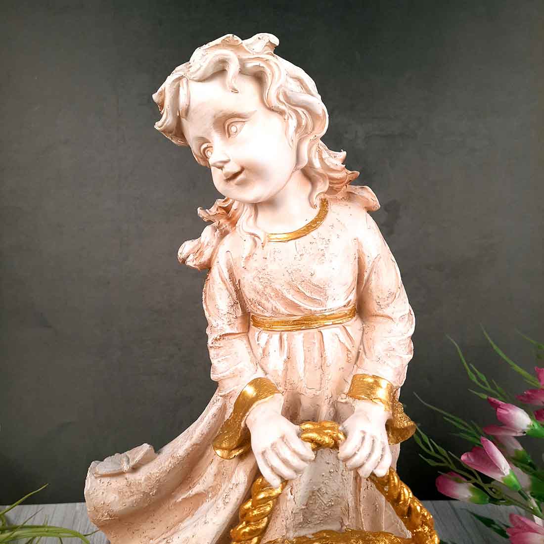 Girl With Basket Showpiece | White Lady Figurine - For Table Decor & Living Room - 17 inch