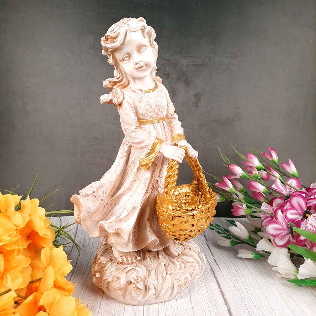 Girl With Basket Showpiece | White Lady Figurine - For Table Decor & Living Room - 17 inch