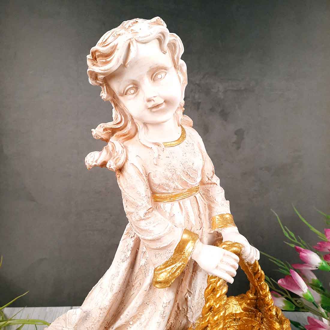 Girl With Basket Showpiece | White Lady Figurine - For Table Decor & Living Room - 17 inch