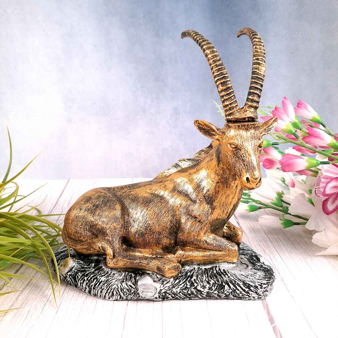 Sitting Deer Showpiece | Animal Figurine - For Garden, Living Room Decor & Gifts - 10 Inch #Color_Golden