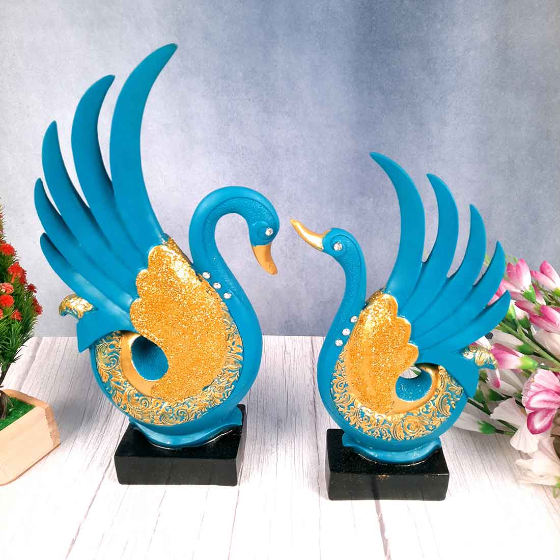 Couple Swan Pair Showpiece - For Home Decor & Gift - Set of 2 - 11 Inch-Apkamart #Color_Blue