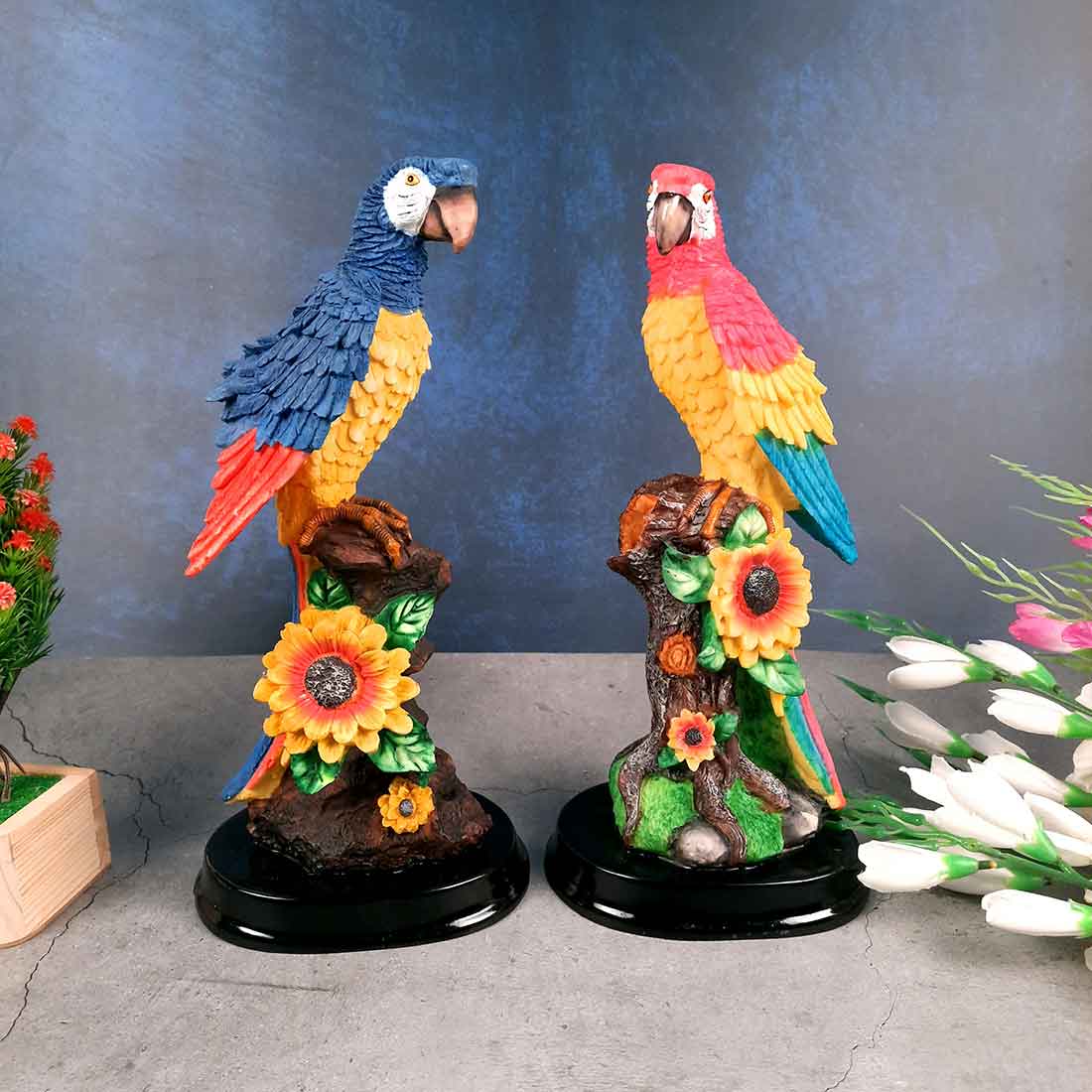 Cute Parrot Pair Showpiece - For Table, Living Room, Garden Decor & Gifts - 13 Inch - Apkamart #Color_Dark Blue-Pink
