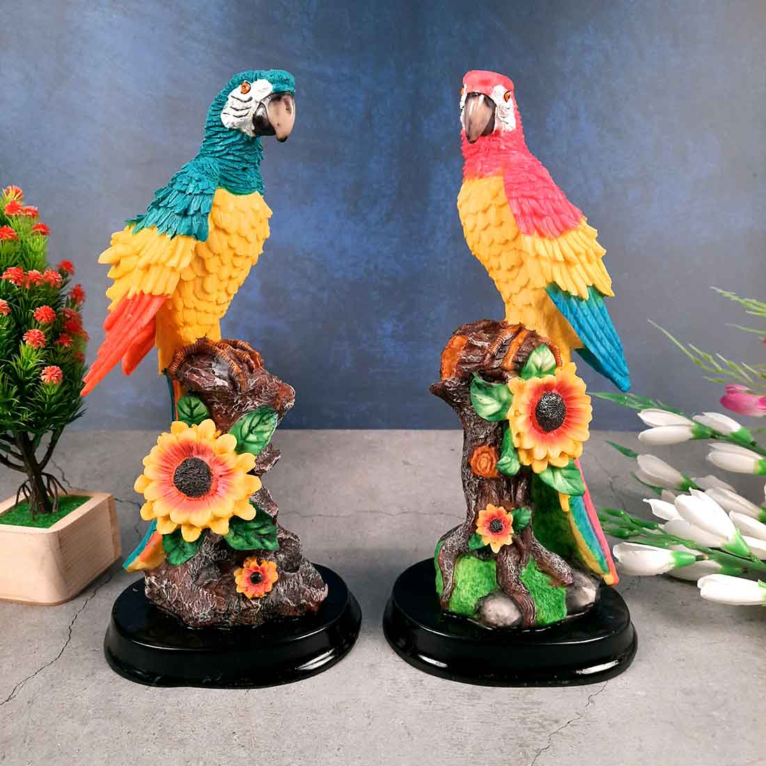 Cute Parrot Pair Showpiece - For Table, Living Room, Garden Decor & Gifts - 13 Inch - Apkamart #Color_Light Blue-Pink