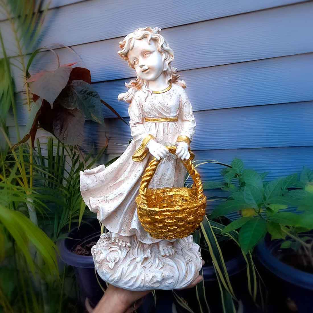 Girl With Basket Showpiece | White Lady Figurine - For Table Decor & Living Room - 17 inch