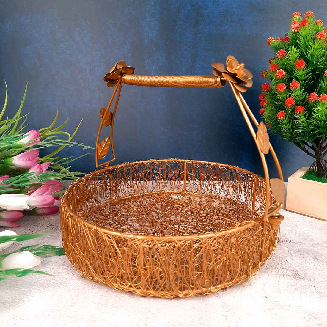 Multi-Purpose Gold Plated Meshwire Basket | Shagun Basket - For Packing & Serving Fruits, Sweets & Gifts - 11 Inch - Apkamart