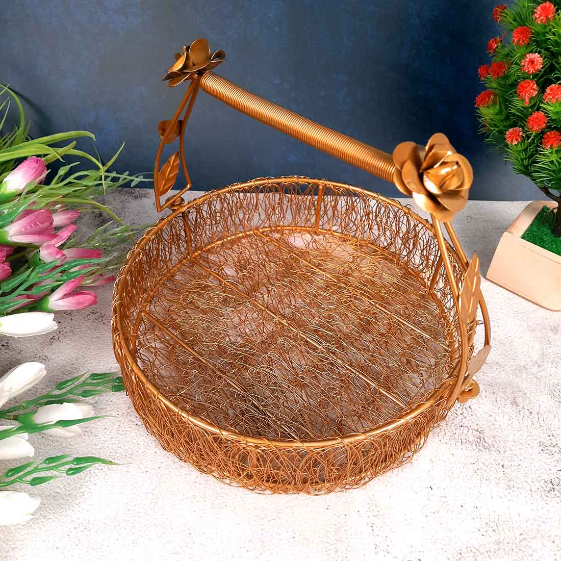 Multi-Purpose Gold Plated Meshwire Basket | Shagun Basket - For Packing & Serving Fruits, Sweets & Gifts - 11 Inch - Apkamart