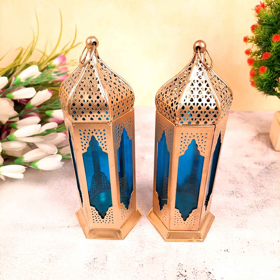 Lantern Tea Light Candle Holder | Moroccan Lantern Glass Lamp - For Home Decoration & Party Decor - 10 Inch - Apkamart #Style_Pack of 2