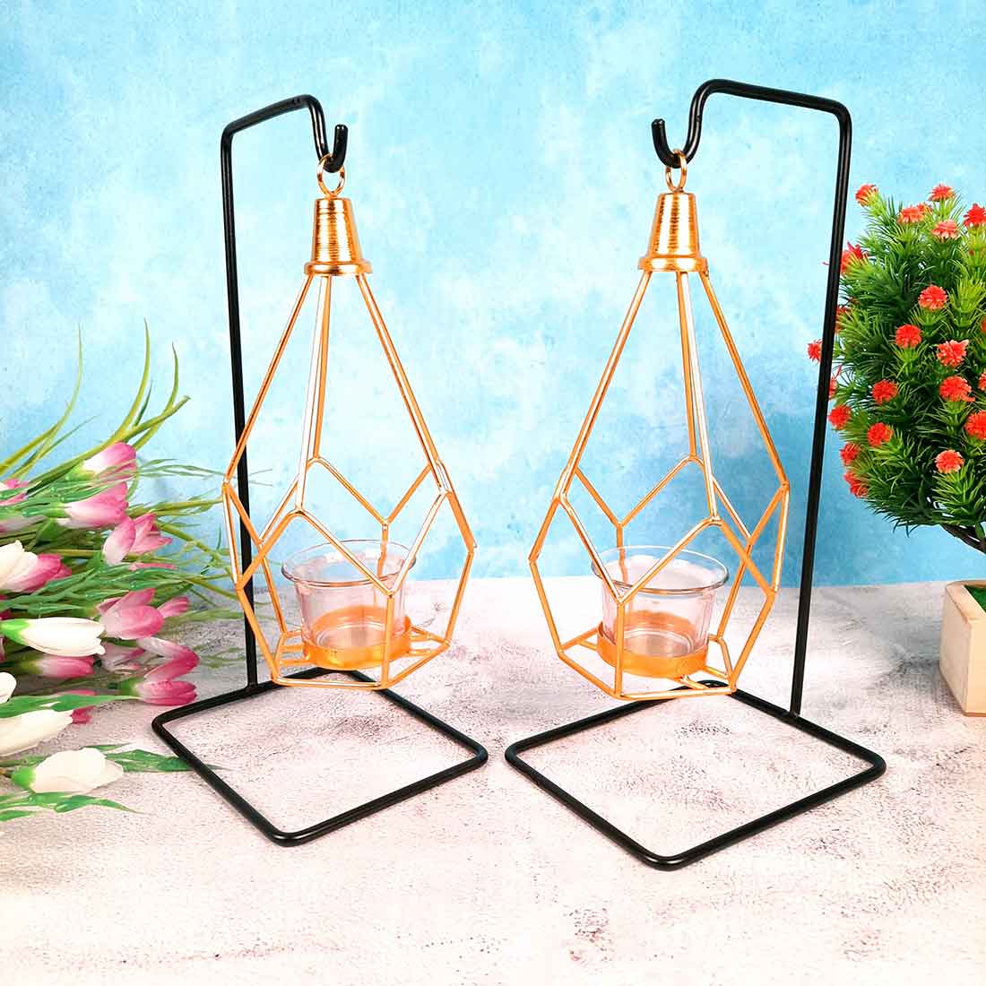 Hanging Geometric Candle Holder | Votive Tea Light holder - For Living Room & Home Décor - 12 Inch - Apkamart #Style_Pack of 2