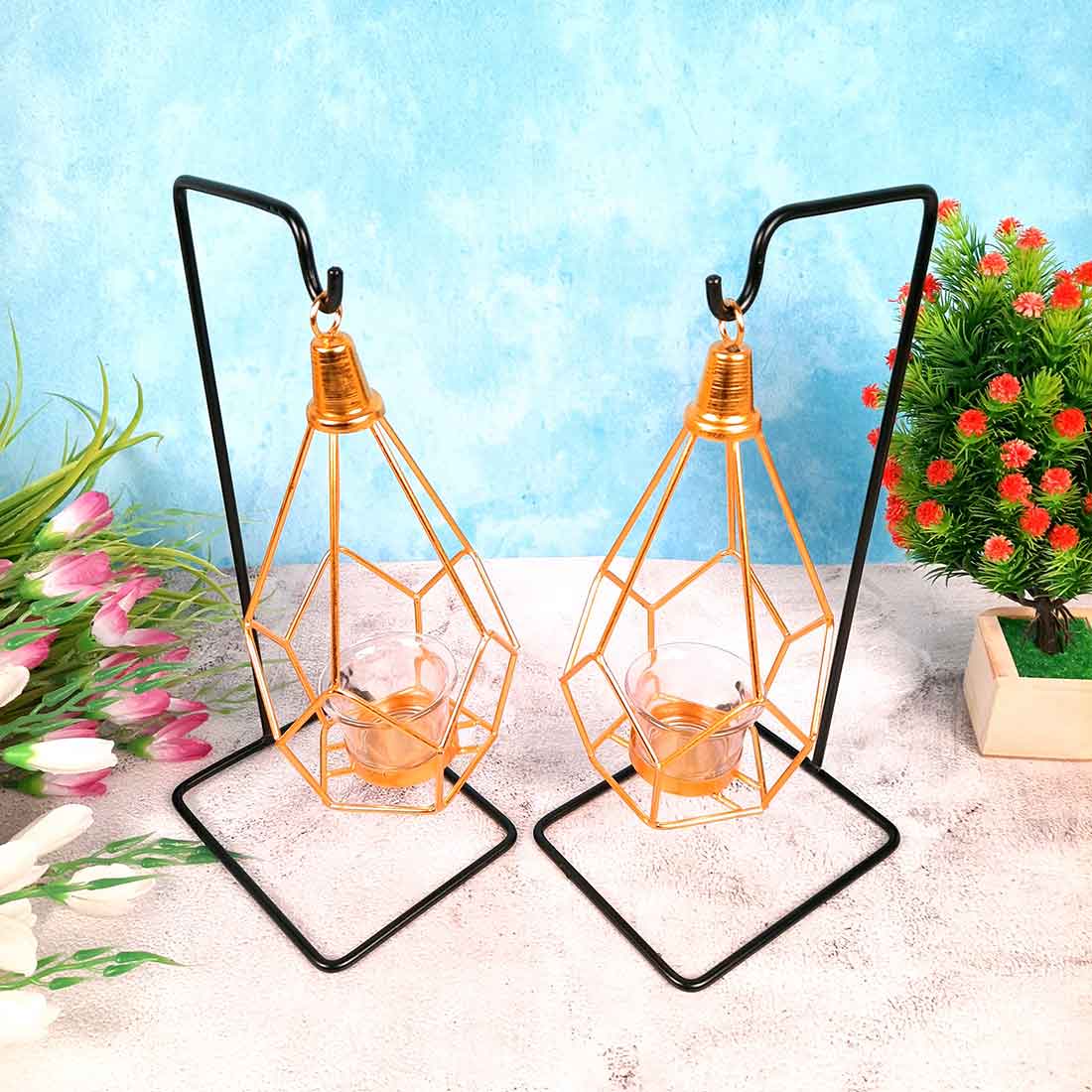 Hanging Geometric Candle Holder | Votive Tea Light holder - For Living Room & Home Décor - 12 Inch - Apkamart #Style_Pack of 2