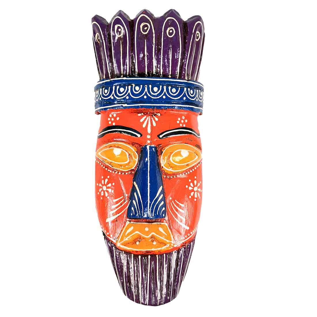 Ethnic Wall Masks | Wooden Mask Wall Hanging - for Living Room & Home Decor - 12 Inch #color_orange