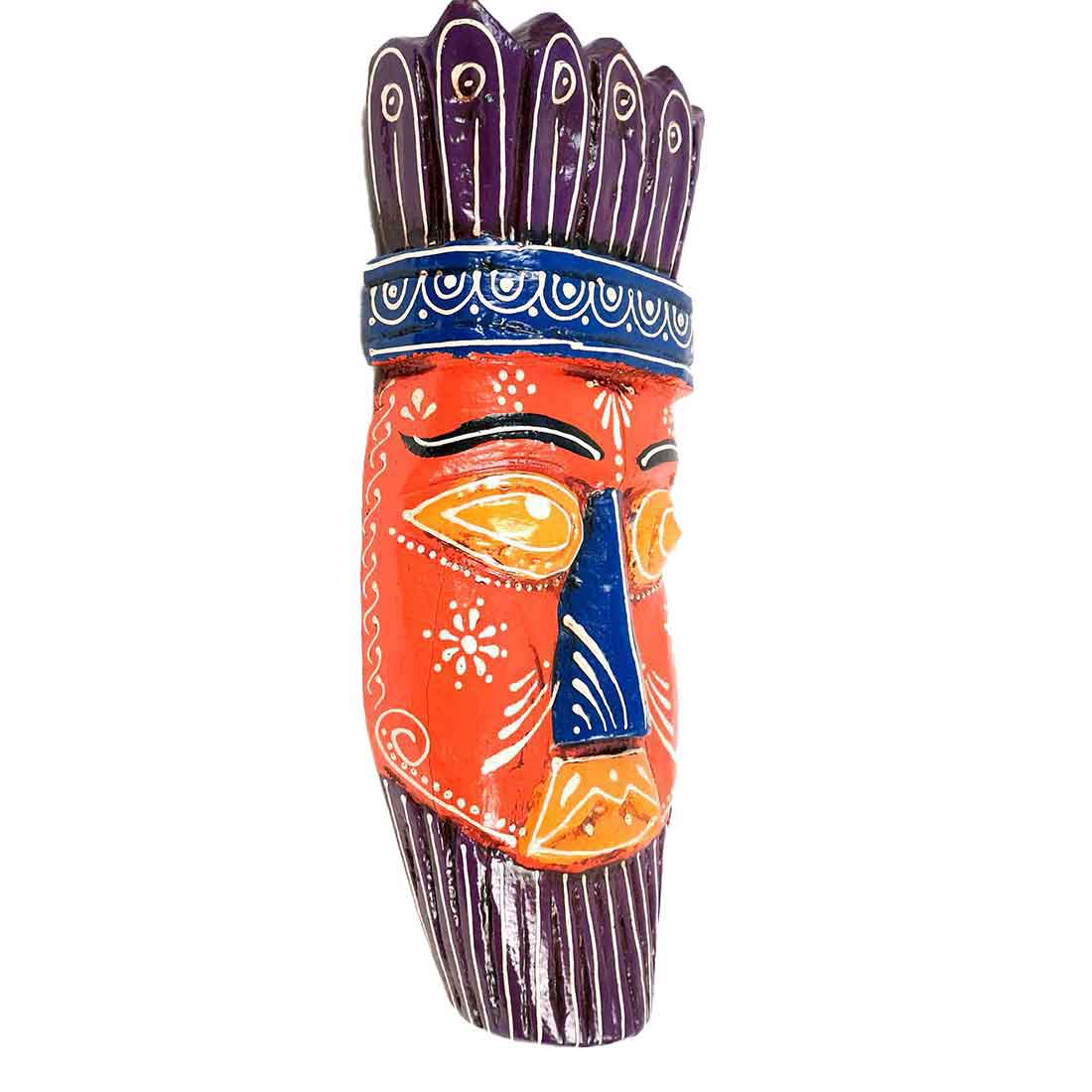Ethnic Wall Masks | Wooden Mask Wall Hanging - for Living Room & Home Decor - 12 Inch #color_orange