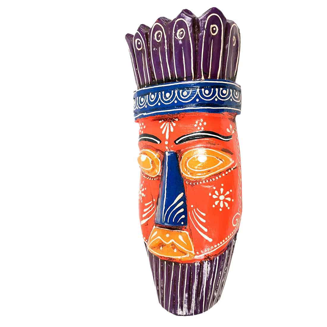 Ethnic Wall Masks | Wooden Mask Wall Hanging - for Living Room & Home Decor - 12 Inch #color_orange