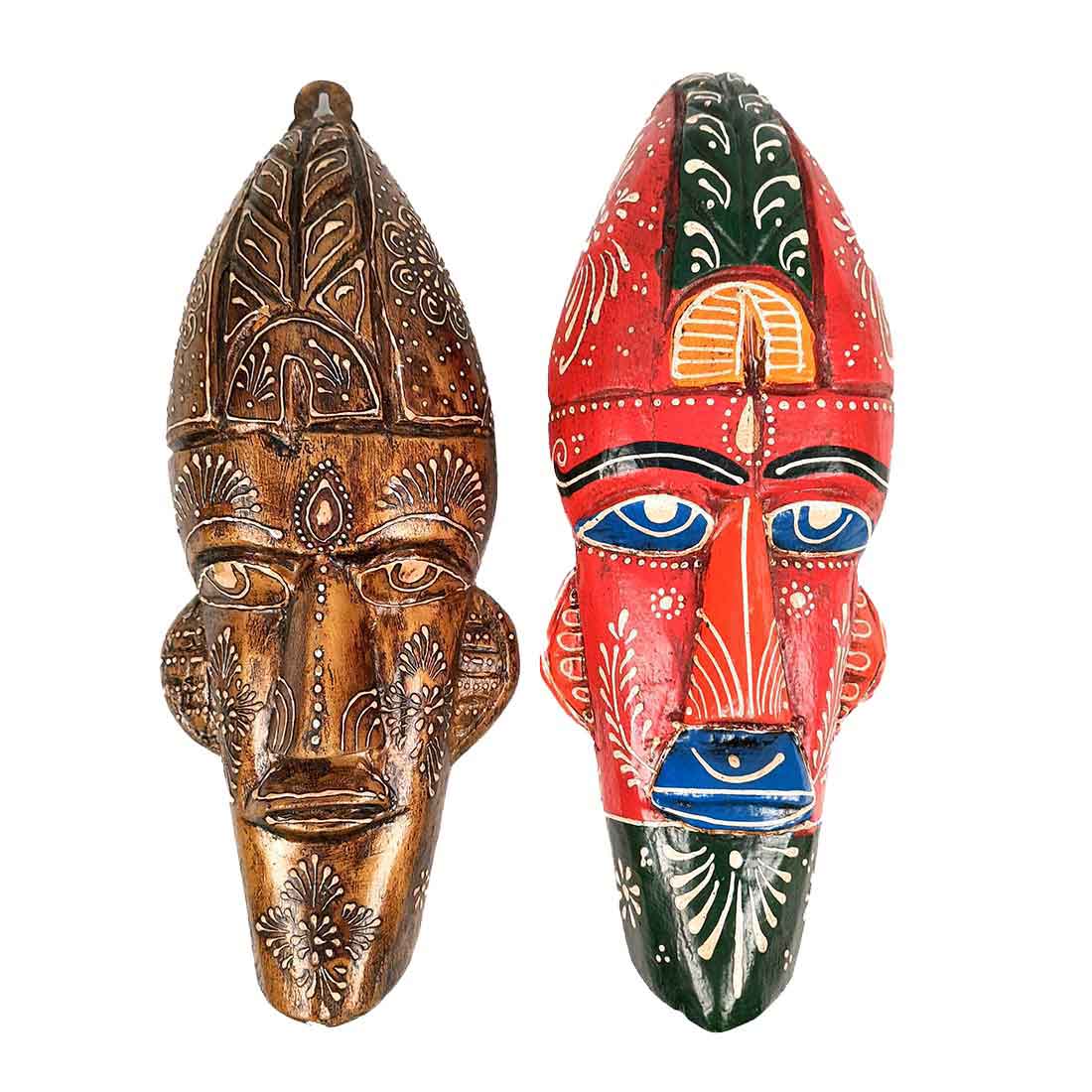 Wooden Tribal Masks Wall Hanging | Rustic Wall Decor Mask - For Home Entrance, Wall Decor & Gifts (Pack of 2) 12 Inch - Apkamart #Style_Style 1