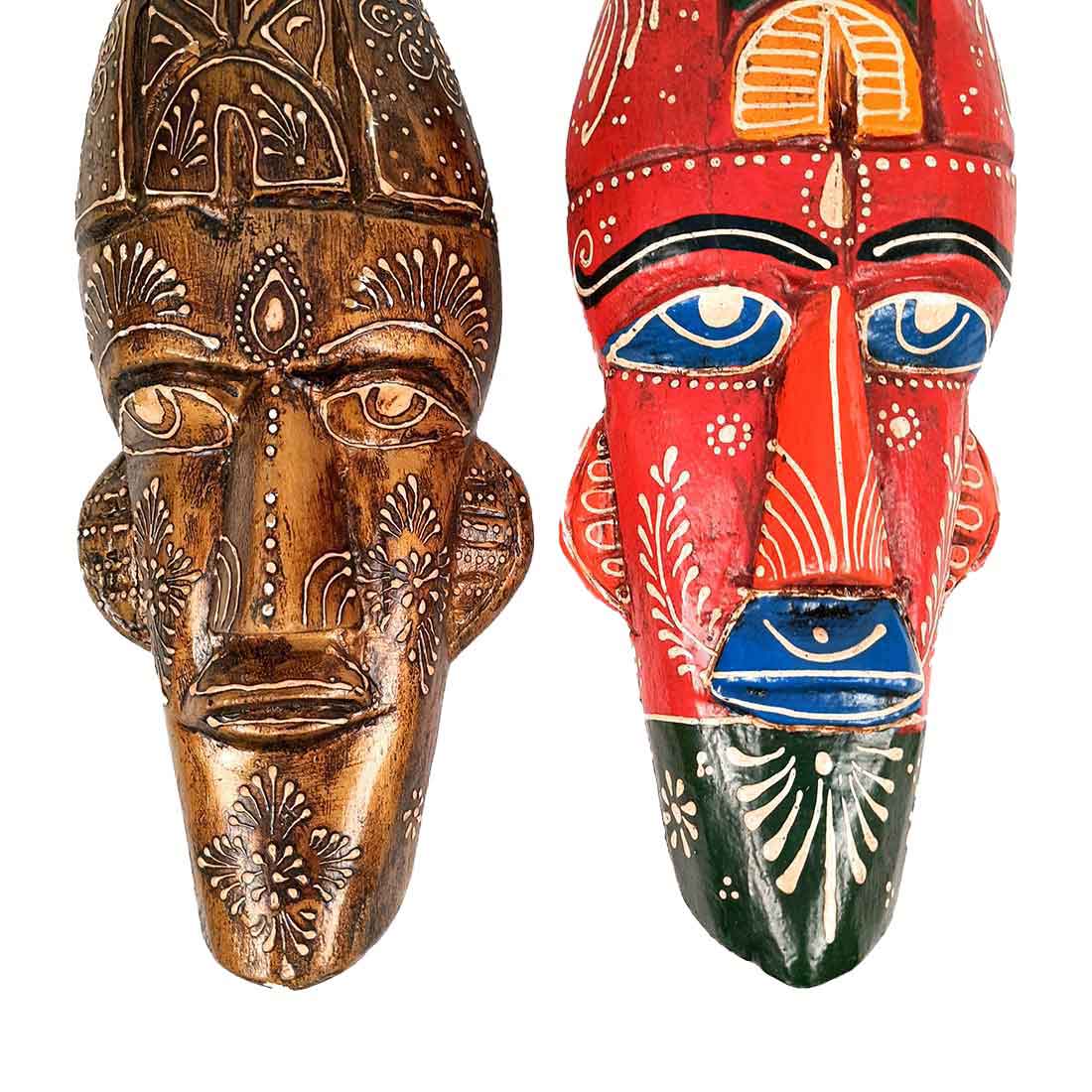 Wooden Tribal Masks Wall Hanging | Rustic Wall Decor Mask - For Home Entrance, Wall Decor & Gifts (Pack of 2) 12 Inch - Apkamart #Style_Style 1