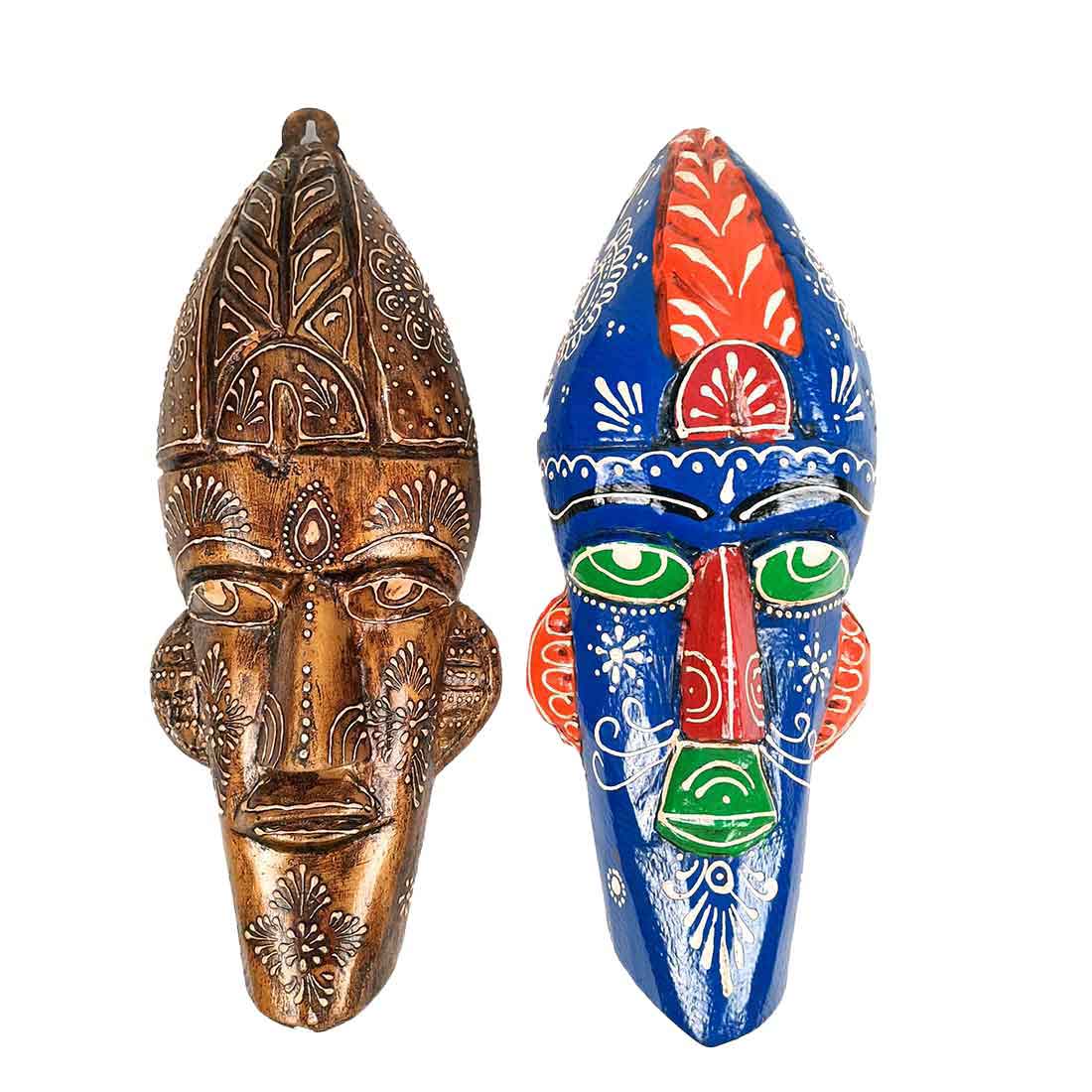 Wooden Tribal Masks Wall Hanging | Rustic Wall Decor Mask - For Home Entrance, Wall Decor & Gifts (Pack of 2) 12 Inch - Apkamart #Style_Style 2