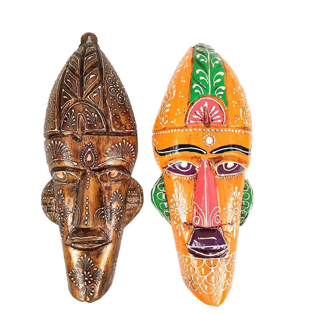Wooden Tribal Masks Wall Hanging | Rustic Wall Decor Mask - For Home Entrance, Wall Decor & Gifts (Pack of 2) 12 Inch - Apkamart #Style_Style 4