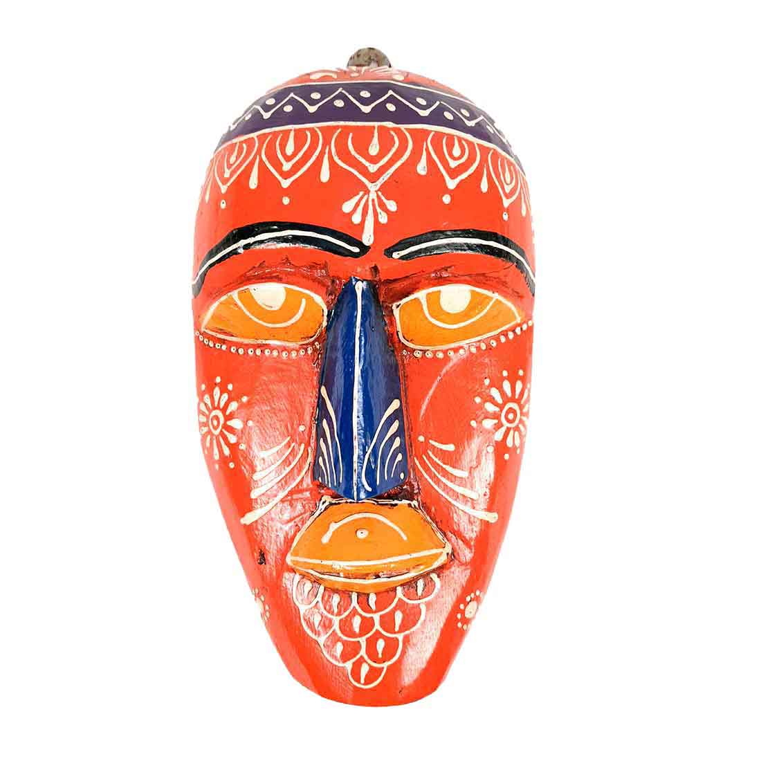 Wooden Tribal Masks Wall Hanging - for Living Room Wall Decor & Home Interiors - 9 inch - Apkamart #color_orange