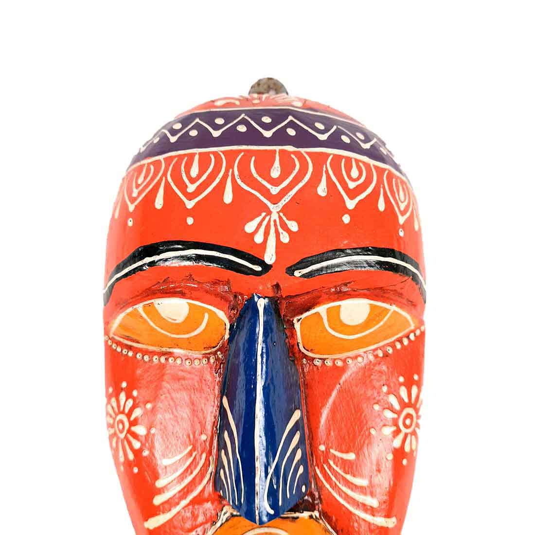 Wooden Tribal Masks Wall Hanging - for Living Room Wall Decor & Home Interiors - 9 inch - Apkamart #color_orange