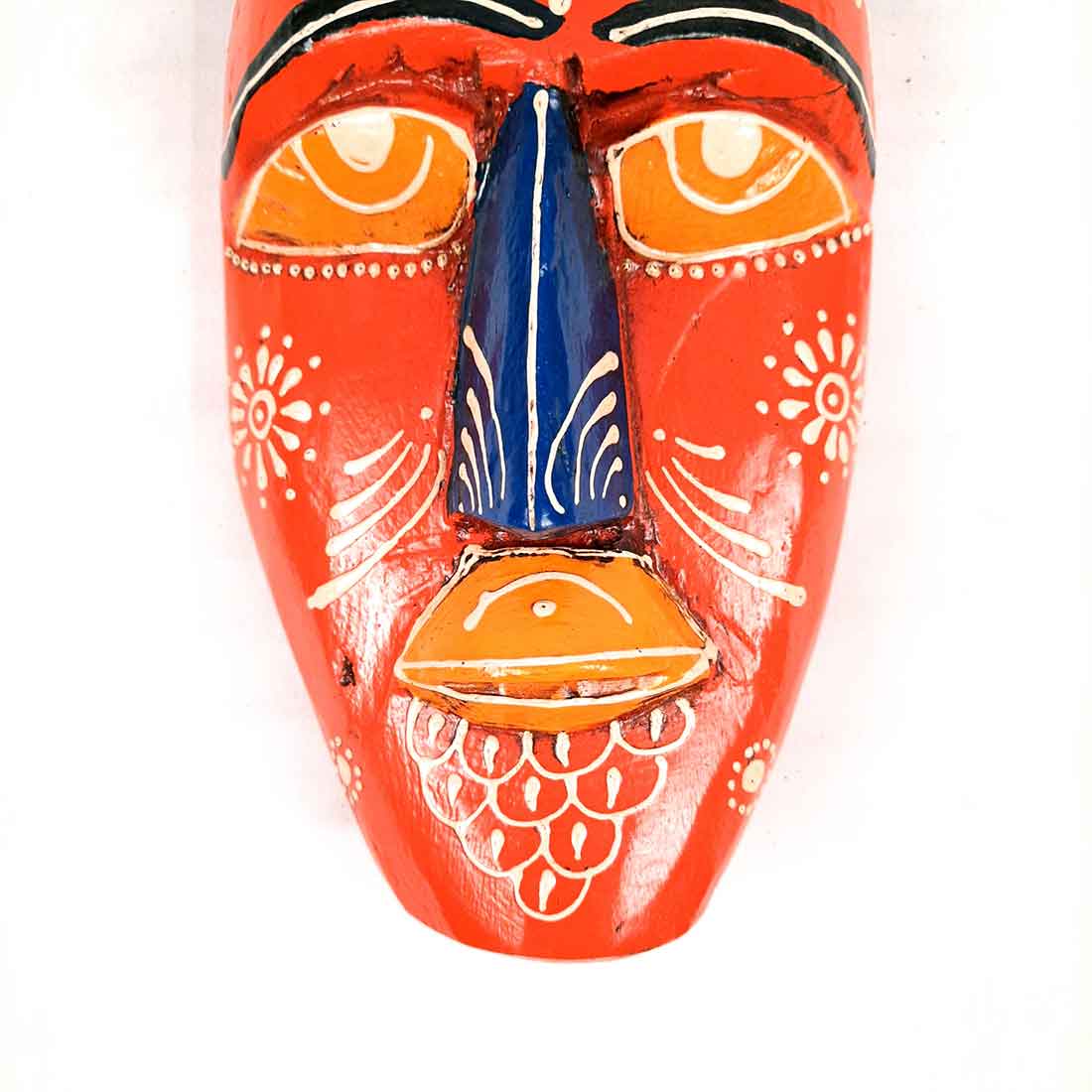 Wooden Tribal Masks Wall Hanging - for Living Room Wall Decor & Home Interiors - 9 inch - Apkamart #color_orange