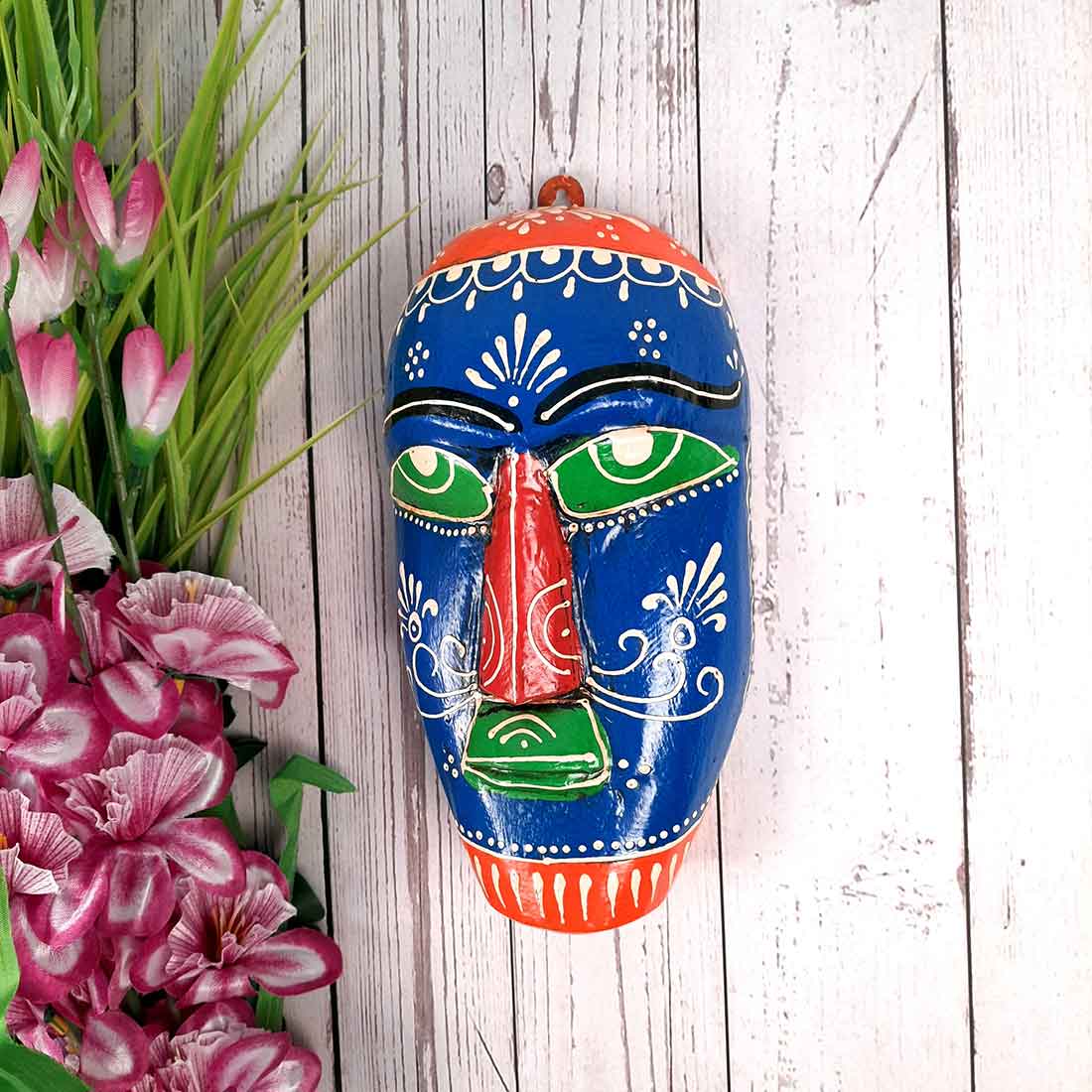 Wooden Tribal Masks Wall Hanging - for Living Room Wall Decor & Home Interiors - 9 inch - Apkamart #color_Blue