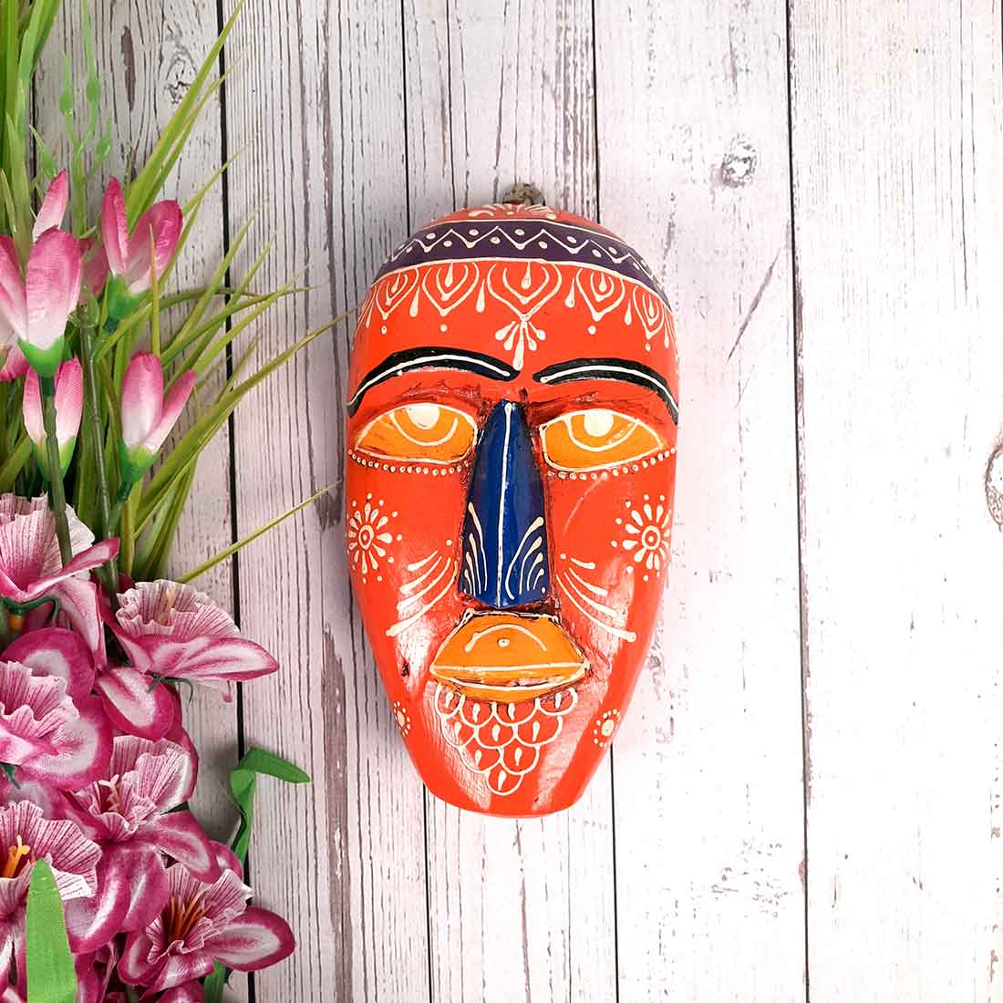 Wooden Tribal Masks Wall Hanging - for Living Room Wall Decor & Home Interiors - 9 inch - Apkamart #color_orange