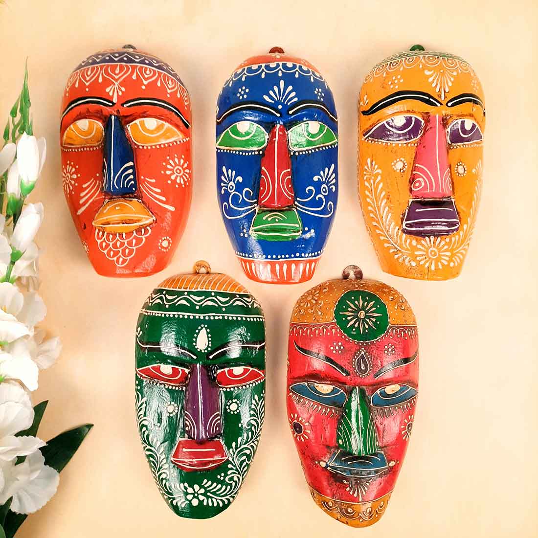 African Wall Mask | Carved Wooden Mask - For Home Decor & Gifts (Pack of 5) - 9 Inch - Apkamart