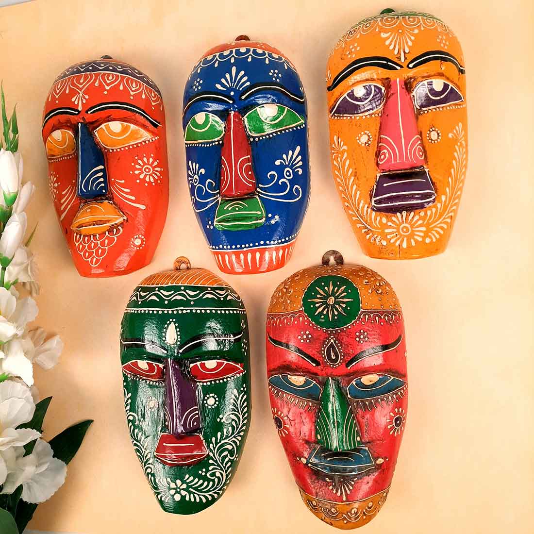 African Wall Mask | Carved Wooden Mask - For Home Decor & Gifts (Pack of 5) - 9 Inch - Apkamart