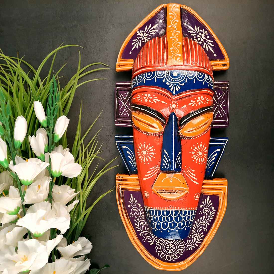 Tribal Mask Wall Hanging - For Wall Décor & Home Decoration - 20 Inch - ApkaMart #color_Orange