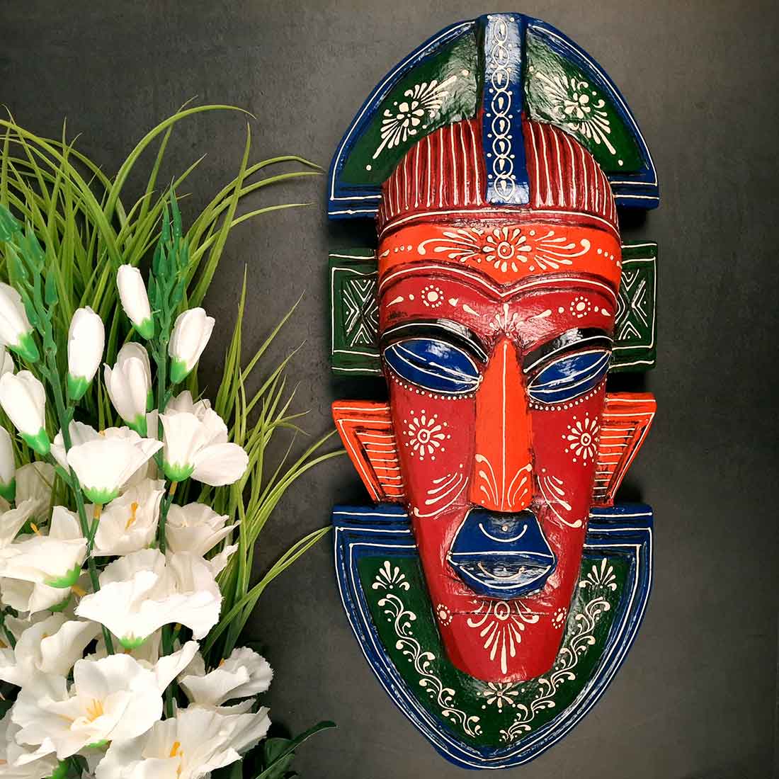 Tribal Mask Wall Hanging - for Home | Office | Cafés Interior Décor - 20 Inch - Apkamart #color_Red