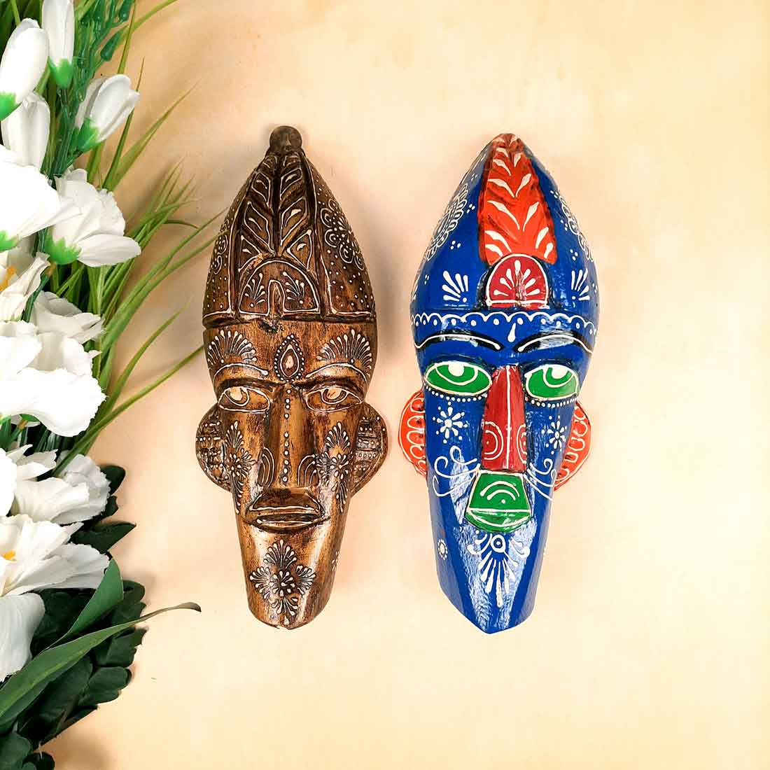 Wooden Tribal Masks Wall Hanging | Rustic Wall Decor Mask - For Home Entrance, Wall Decor & Gifts (Pack of 2) 12 Inch - Apkamart #Style_Style 2