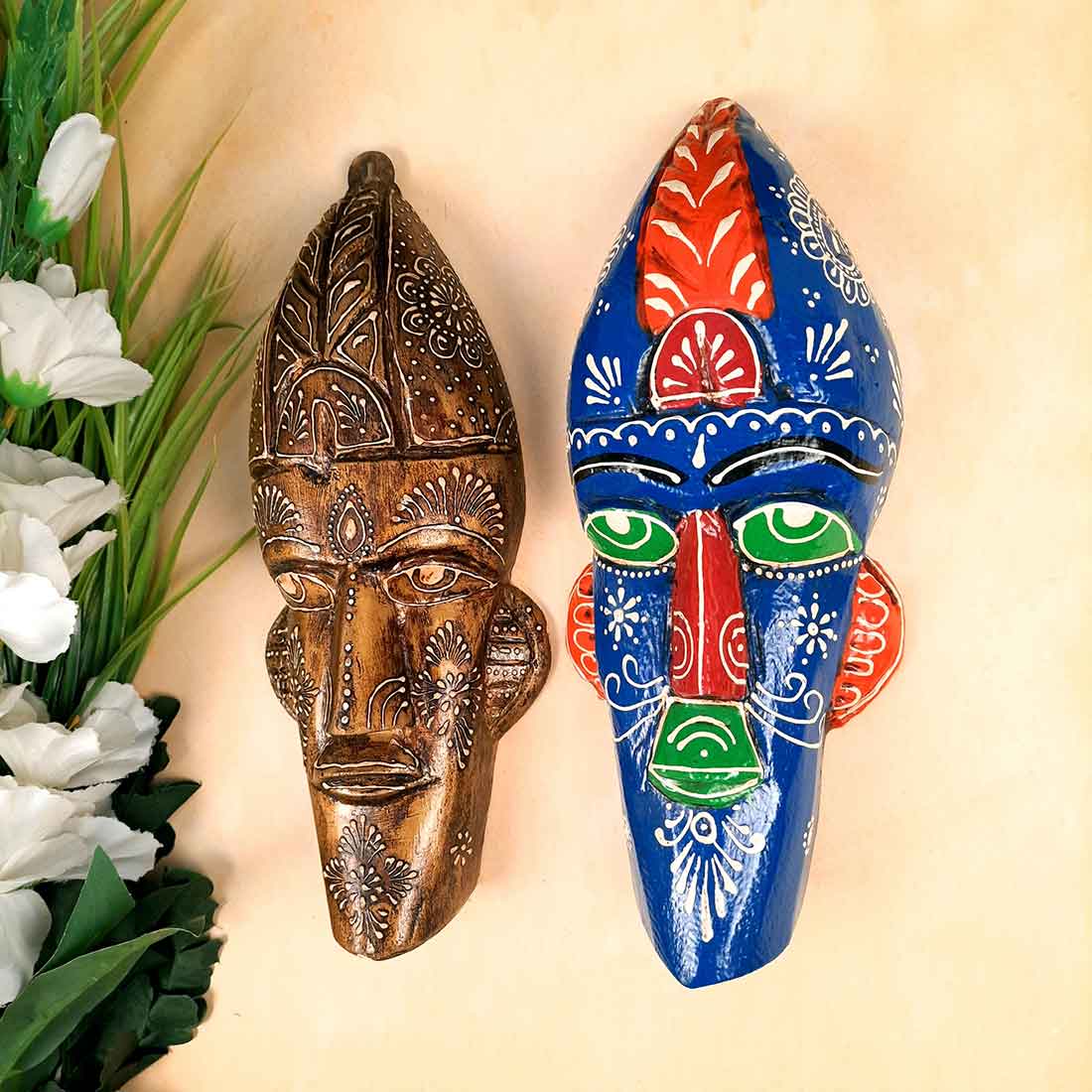 Wooden Tribal Masks Wall Hanging | Rustic Wall Decor Mask - For Home Entrance, Wall Decor & Gifts (Pack of 2) 12 Inch - Apkamart #Style_Style 2