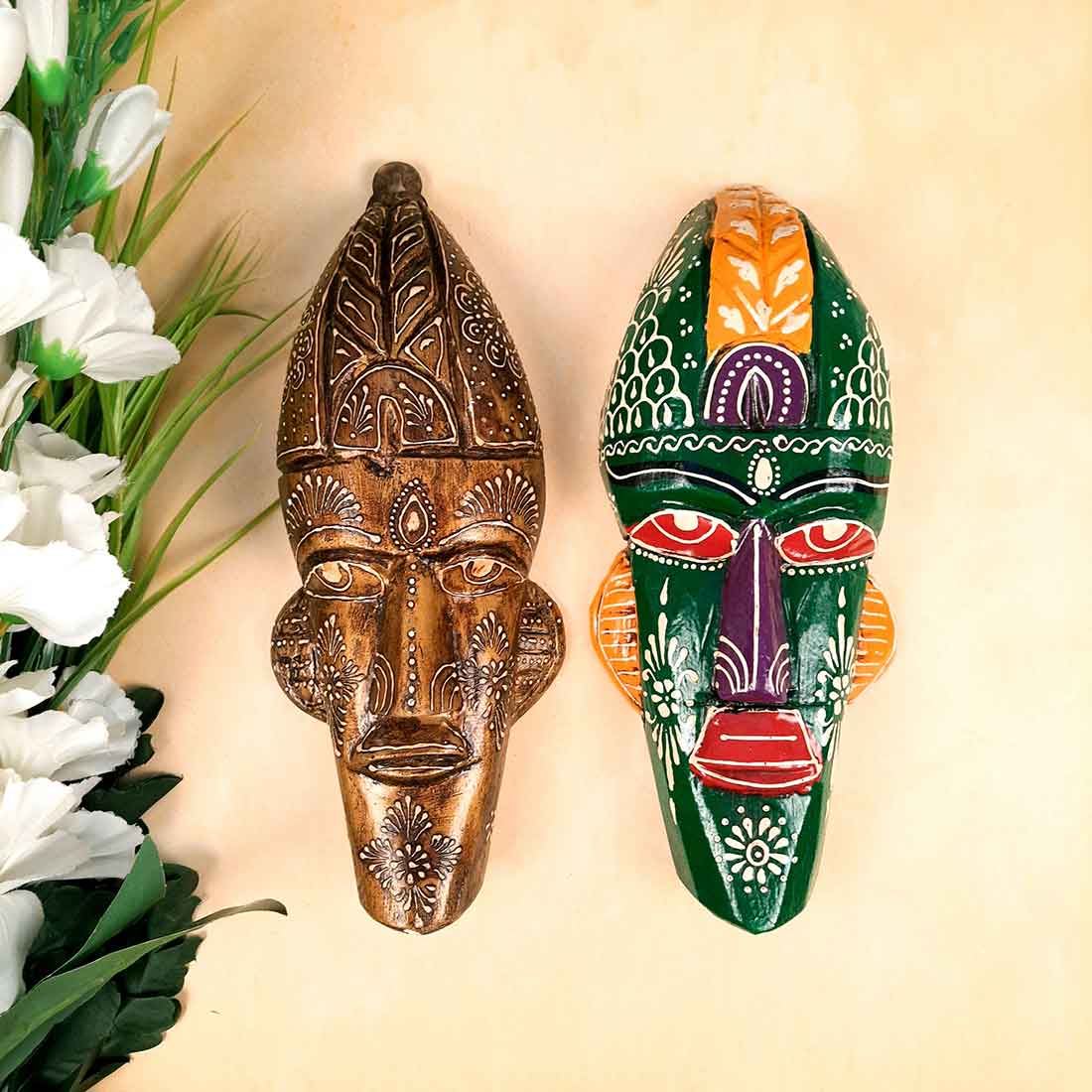 Wooden Tribal Masks Wall Hanging | Rustic Wall Decor Mask - For Home Entrance, Wall Decor & Gifts (Pack of 2) 12 Inch - Apkamart #Style_Style 5