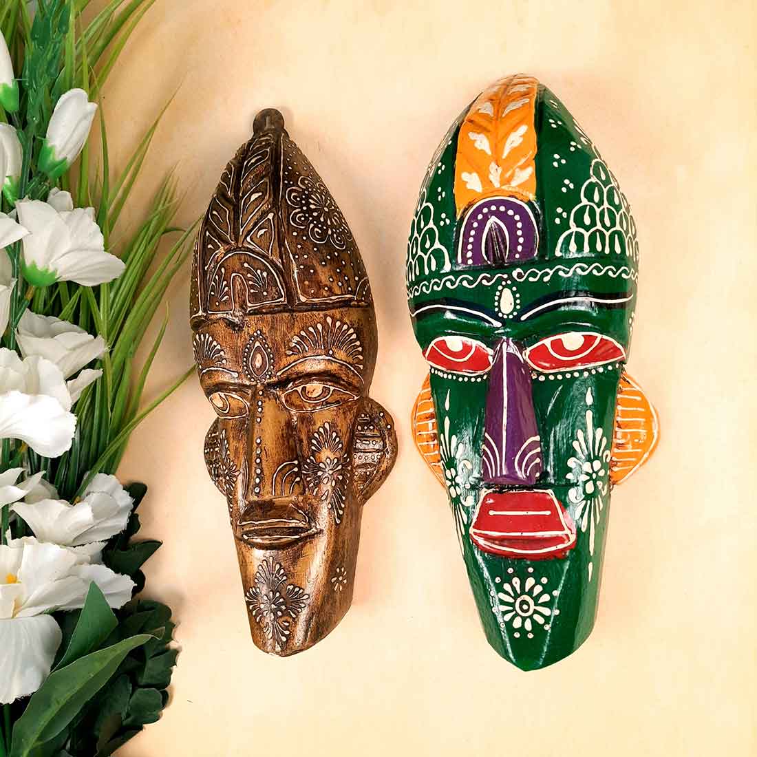 Wooden Tribal Masks Wall Hanging | Rustic Wall Decor Mask - For Home Entrance, Wall Decor & Gifts (Pack of 2) 12 Inch - Apkamart #Style_Style 5