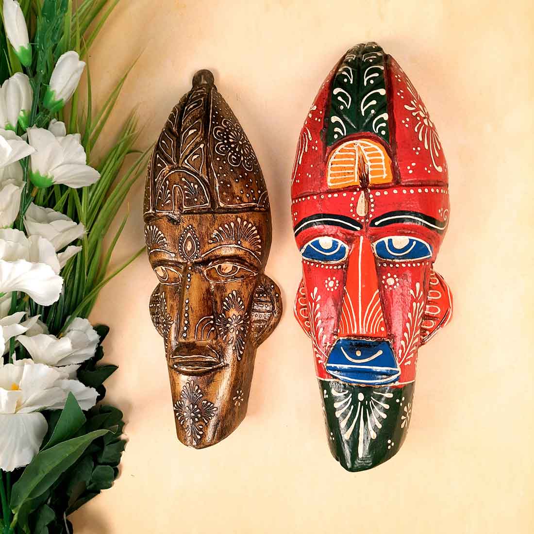 Wooden Tribal Masks Wall Hanging | Rustic Wall Decor Mask - For Home Entrance, Wall Decor & Gifts (Pack of 2) 12 Inch - Apkamart #Style_Style 1