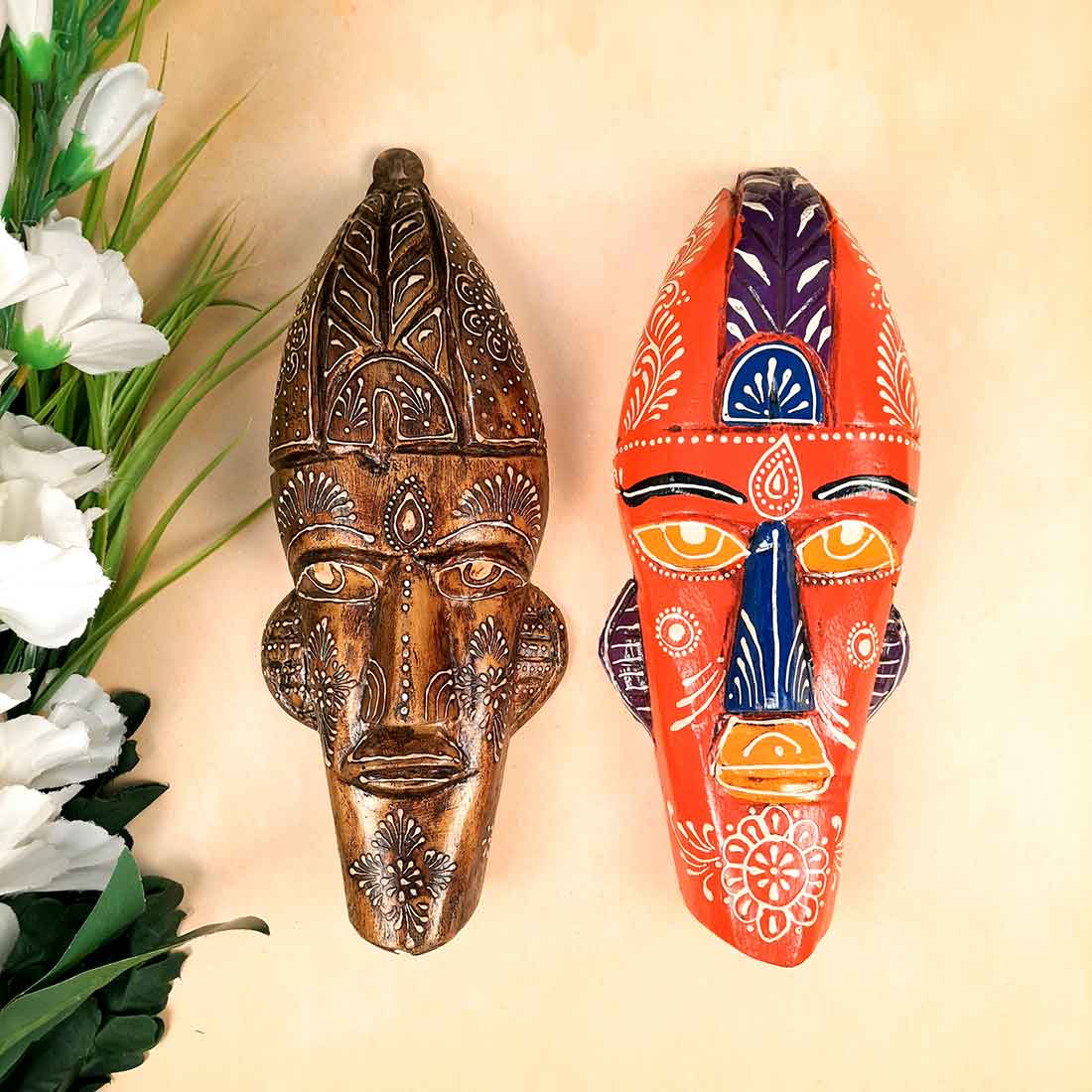Wooden Tribal Masks Wall Hanging | Rustic Wall Decor Mask - For Home Entrance, Wall Decor & Gifts (Pack of 2) 12 Inch - Apkamart #Style_Style 3
