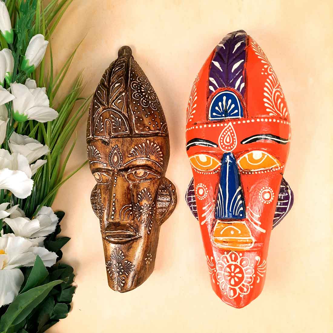 Wooden Tribal Masks Wall Hanging | Rustic Wall Decor Mask - For Home Entrance, Wall Decor & Gifts (Pack of 2) 12 Inch - Apkamart #Style_Style 3